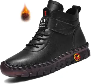CrazySavage Womens Winter Leather Snow Booties Fur Lined Warm Anti-Slip Ankle Boots Thickening Thermal Villi Adjustable High Top Mom Loafers