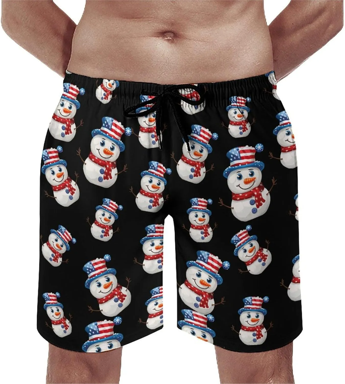 Cute Snowman with U.S. Flag Hat Men's Swim Trunks Quick Dry Bathing Suit Swimming Shorts Beach Swimwear
