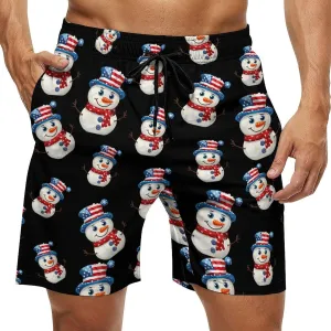 Cute Snowman with U.S. Flag Hat Men's Swim Trunks Quick Dry Bathing Suit Swimming Shorts Beach Swimwear