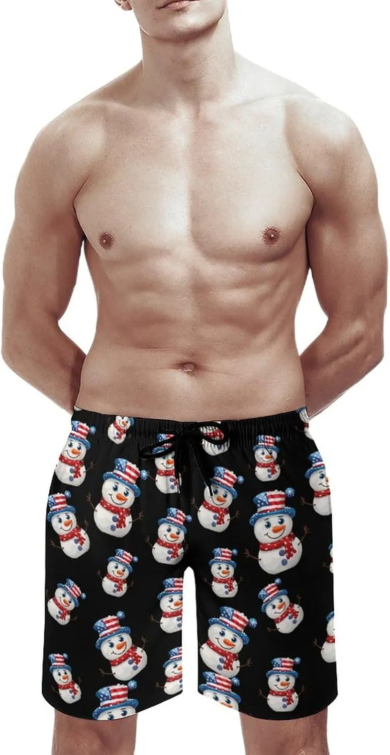 Cute Snowman with U.S. Flag Hat Men's Swim Trunks Quick Dry Bathing Suit Swimming Shorts Beach Swimwear