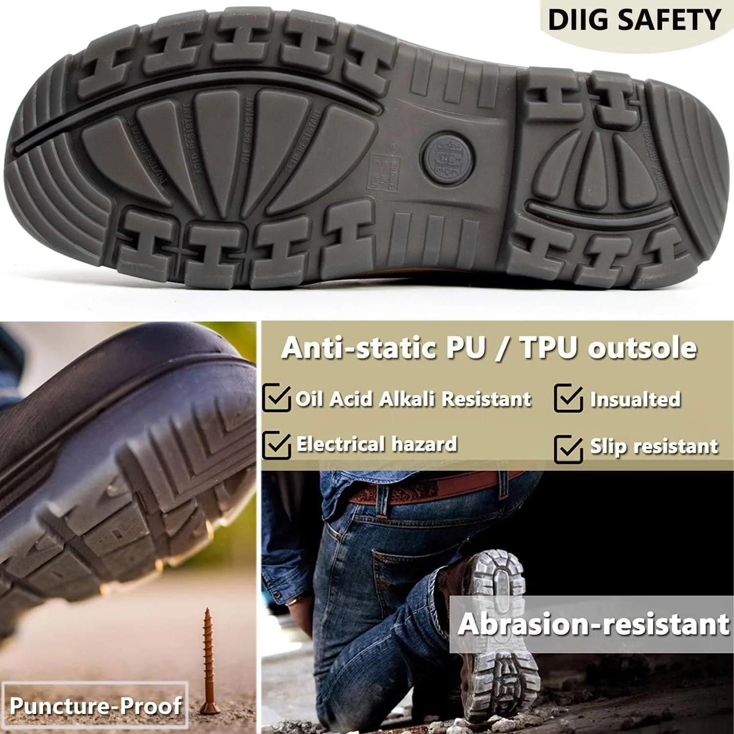 DIIG Work Boots for Men, Steel/Soft Toe Waterproof Working Boots, Slip Resistant Anti-Static Slip-on Safety Working Shoes