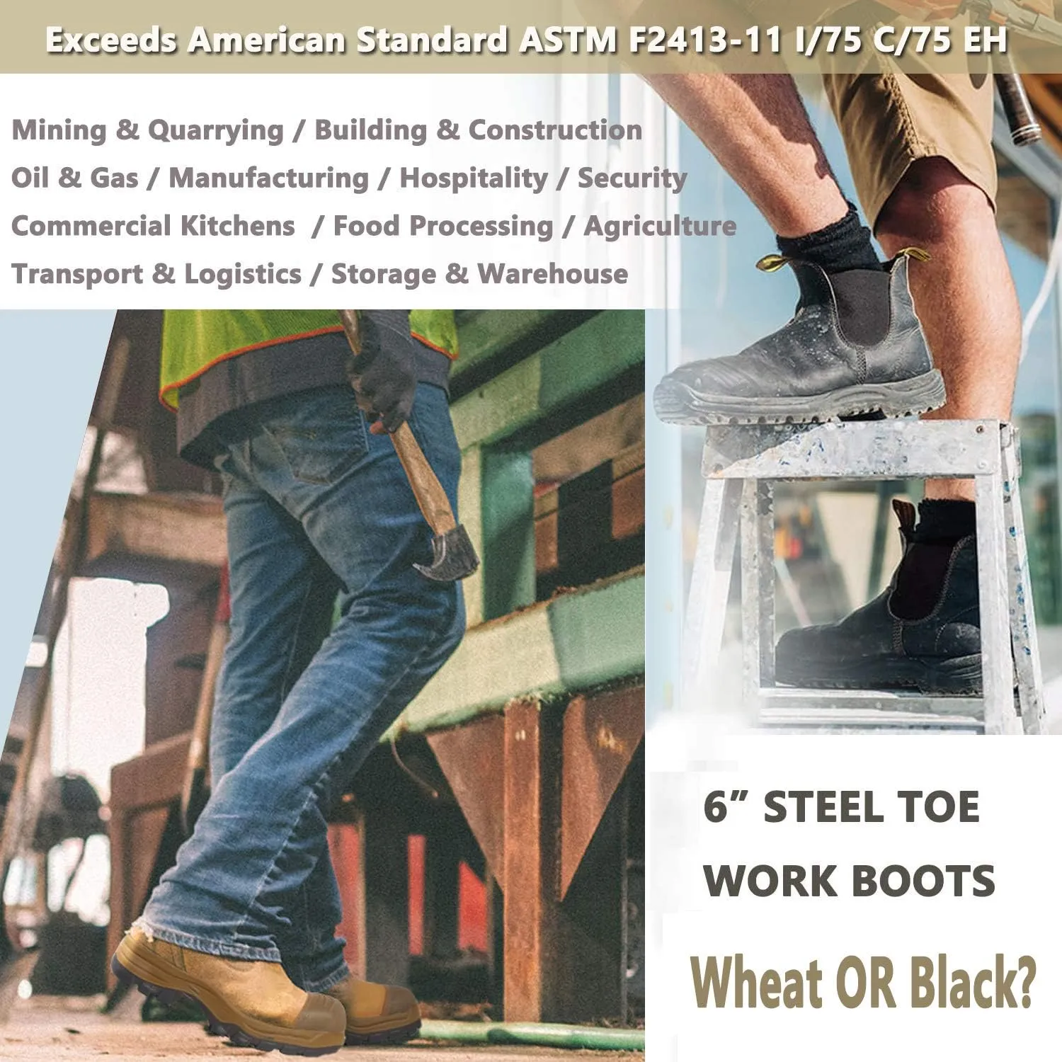 DIIG Work Boots for Men, Steel/Soft Toe Waterproof Working Boots, Slip Resistant Anti-Static Slip-on Safety Working Shoes