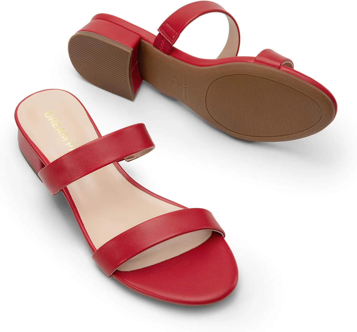 DREAM PAIRS Women's Slides Heels Slip On Low Block Sandals Two Strap Open Round Toe Chunky Casual Summer Mules Shoes
