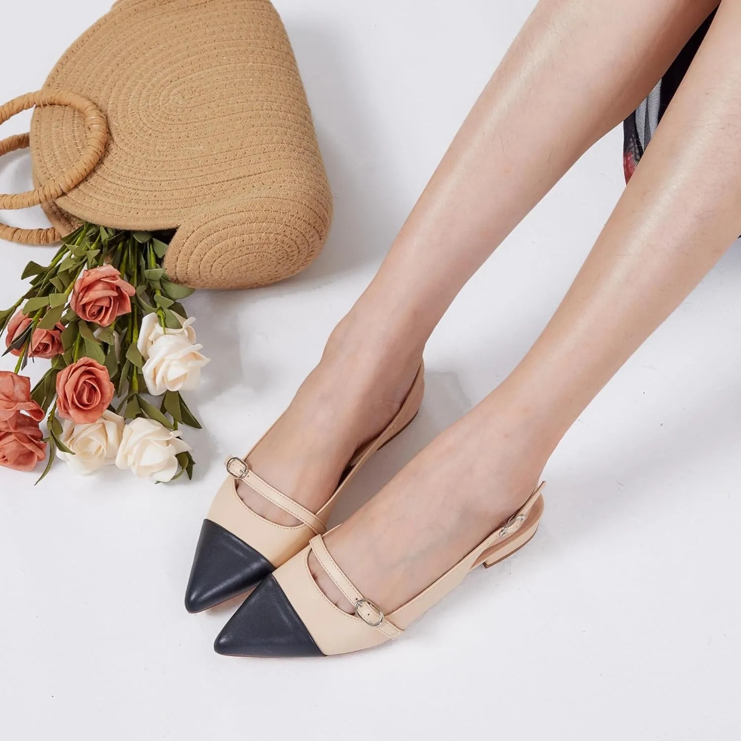 Elisabet Tang Women Slingback Flats with Rhinestone Pointed Toe Flats for Women Dressy Shoes