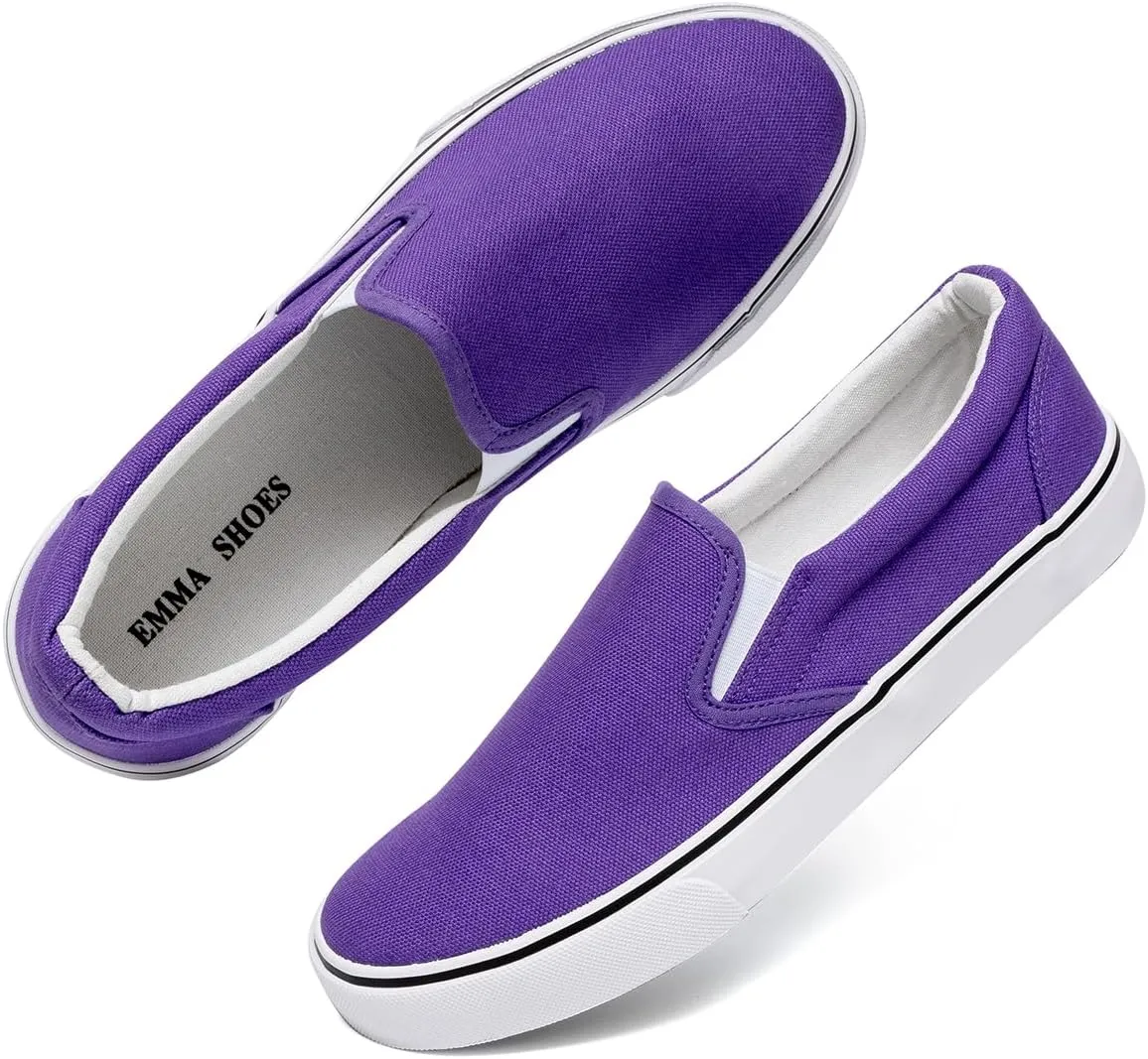 Emma Shoes Women's Slip Ons Sneakers, Low Top Flats, Casual Canvas, Memory Foam Insole, Purple Size 10
