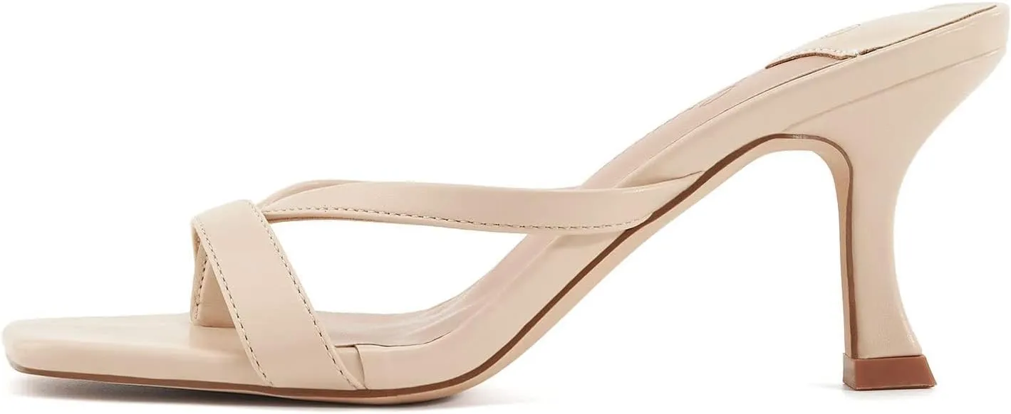 Ermonn Womens Square Open Toe Heels Sandals Slides Thong Stiletto Backless Slip on Slippers Shoes