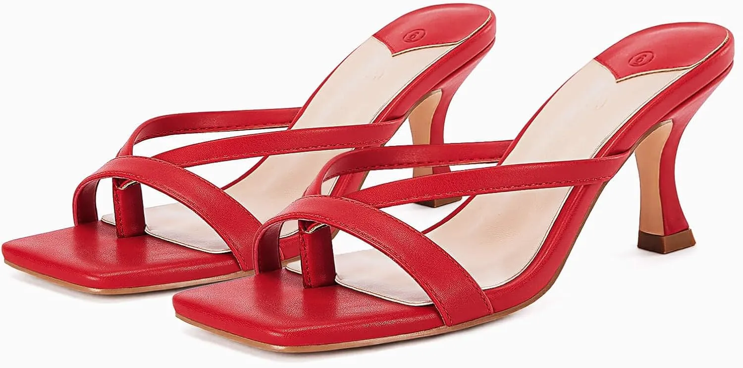 Ermonn Womens Square Open Toe Heels Sandals Slides Thong Stiletto Backless Slip on Slippers Shoes