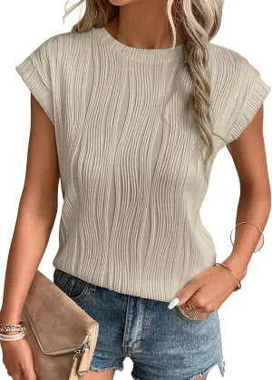 EVALESS Womens Short Sleeve Textured Tops Crewneck Knit Solid Loose Casual Basic T Shirts Tee Blouses