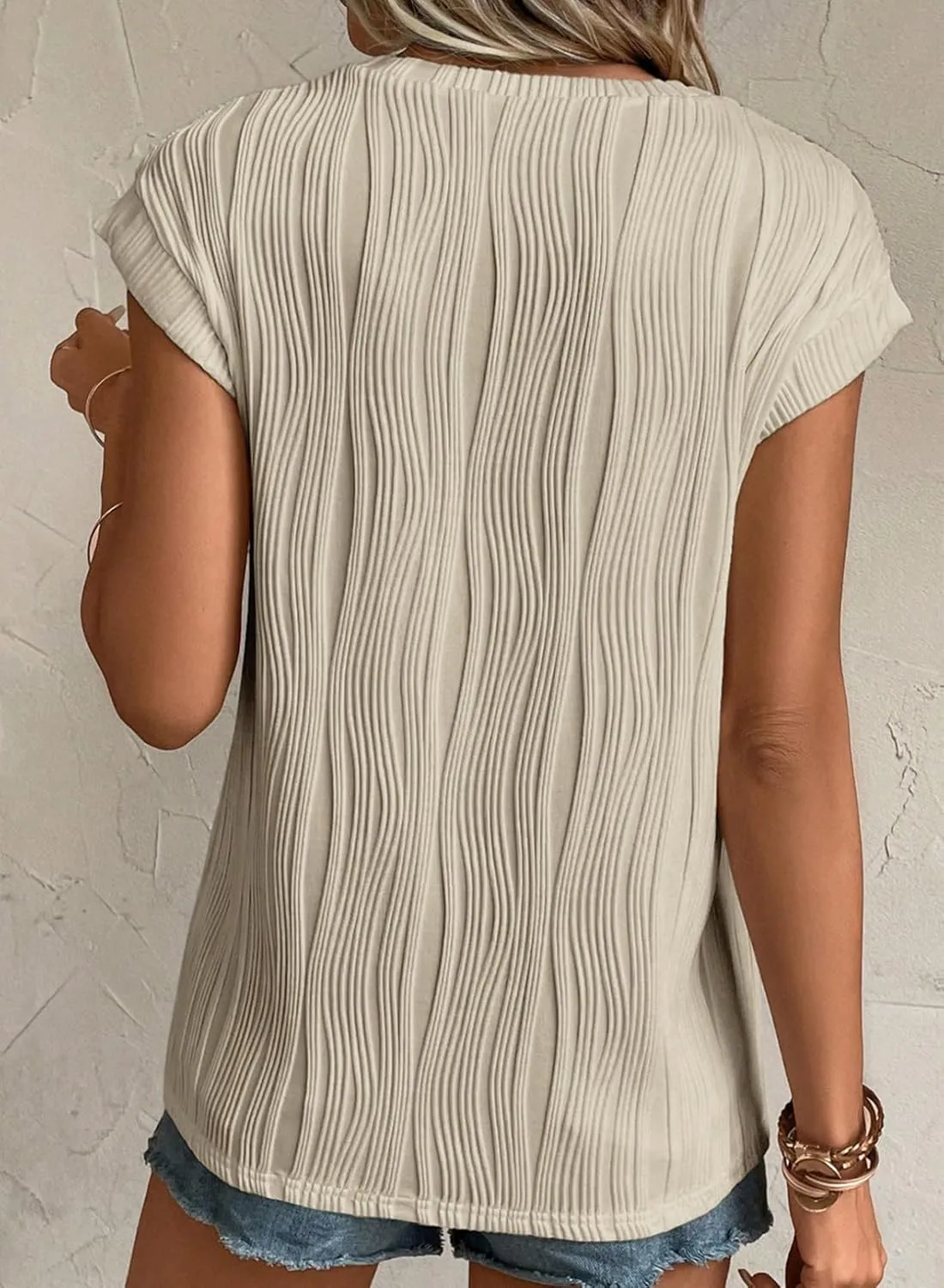 EVALESS Womens Short Sleeve Textured Tops Crewneck Knit Solid Loose Casual Basic T Shirts Tee Blouses