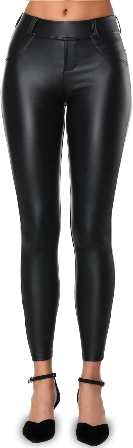 Faux Leather PU Elastic Shaping Hip Push Up Pants Black Thick Sexy Leggings for Women