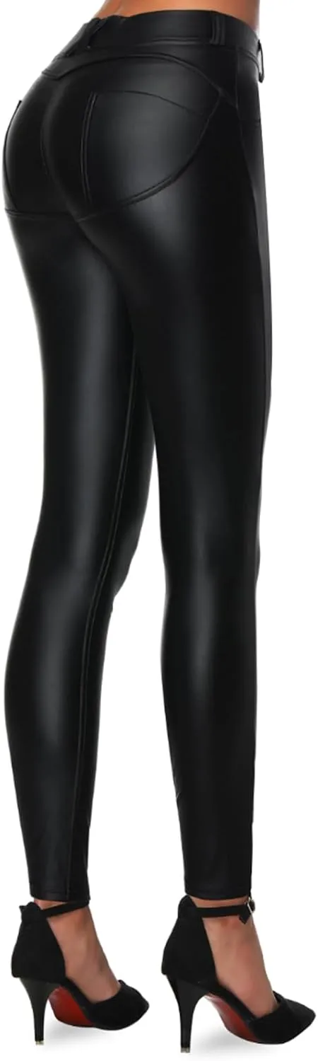 Faux Leather PU Elastic Shaping Hip Push Up Pants Black Thick Sexy Leggings for Women
