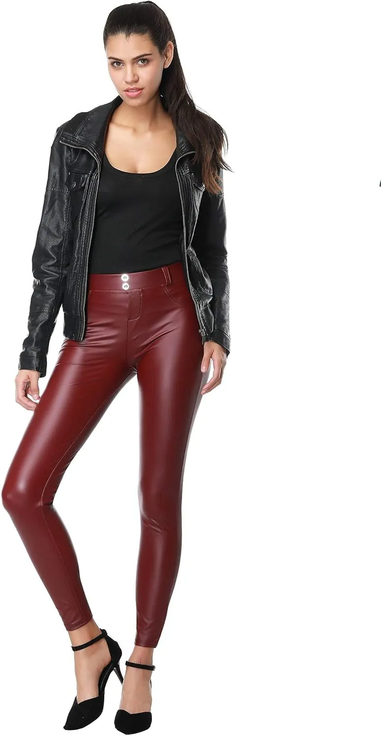 Faux Leather PU Elastic Shaping Hip Push Up Pants Black Thick Sexy Leggings for Women