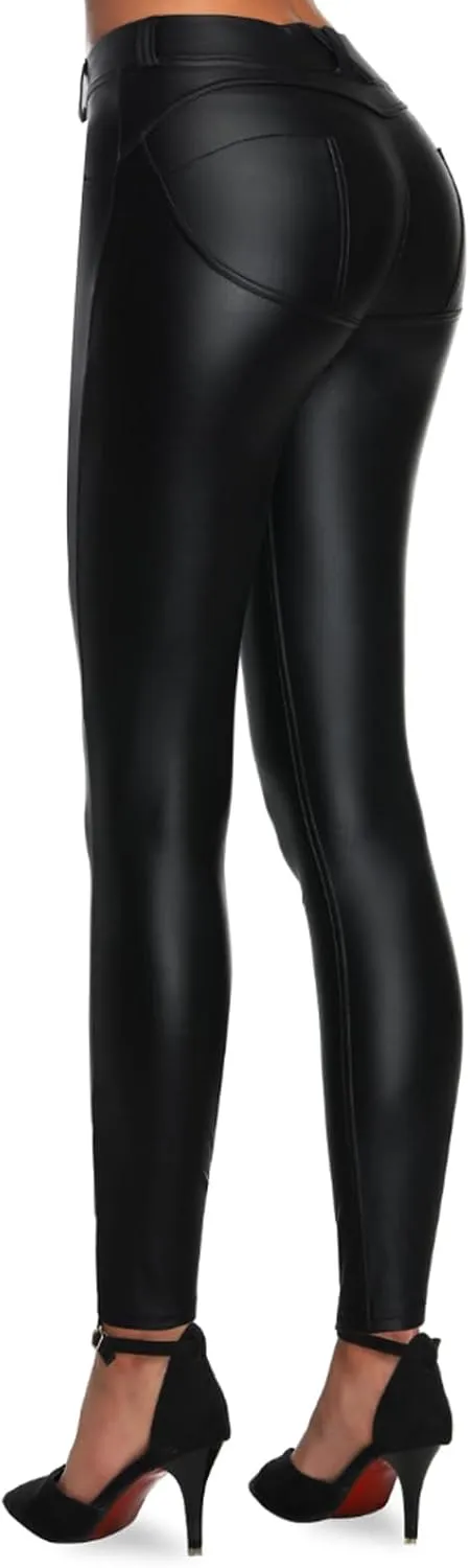 Faux Leather PU Elastic Shaping Hip Push Up Pants Black Thick Sexy Leggings for Women