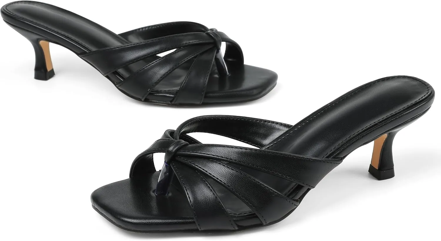 femflame Black Kitten Heels for Women Flip Flops Strappy Heels Summer Square Open Toe Slides Mules Low Heels Women's Heeled dressy Sandals