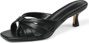 femflame Black Kitten Heels for Women Flip Flops Strappy Heels Summer Square Open Toe Slides Mules Low Heels Women's Heeled dressy Sandals
