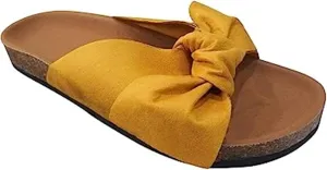 FFMA Sandals for Women Wide Width Slide Sandals Ladies Dressy Summer Casual Cute Bow Tie Knot On Top Strap Comfy Slip On Cork Foot Bed