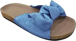FFMA Sandals for Women Wide Width Slide Sandals Ladies Dressy Summer Casual Cute Bow Tie Knot On Top Strap Comfy Slip On Cork Foot Bed