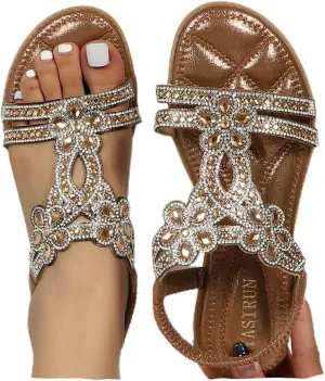 Flat Sandals With Rhinestones for Women 2025, Women's Wide Width Sandals Comfort Walking with Non Slip on Casual Summer Beach Shoes Dress Ankle Elastic Strap Sparkling Bohemian Flat