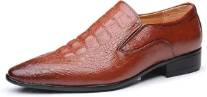 Formal Business Loafers for Men Casual Crocodile Embossed Oxford Shoes Slip on Faux Leather Burnished Pointed Toe Dual Elastic Band Block Heel Casual (Color : Yellow, Size : 7.5 M US)