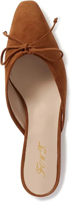 FOWT Women Low Heel Closed Almond Toe Slingback Mules,Two Toned Bow Knot Suede Slippers,Slip on Leisure Ladies Flats for Indoor Dating and Vacation,4-16 US Size