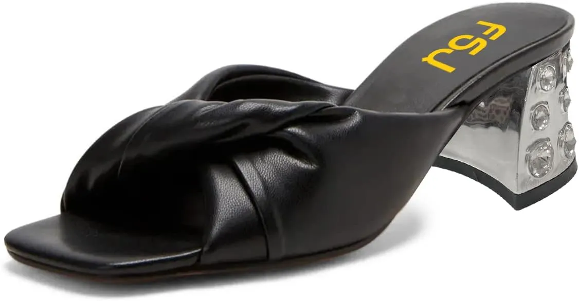 FSJ Women Comfort Slip On Crystal Block Low Heel Open Toe Mules Slides Sandals Wide Strap with Knot Causal Shoes Size 4-15 US