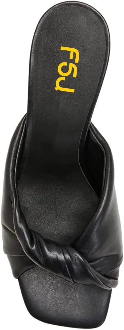 FSJ Women Comfort Slip On Crystal Block Low Heel Open Toe Mules Slides Sandals Wide Strap with Knot Causal Shoes Size 4-15 US