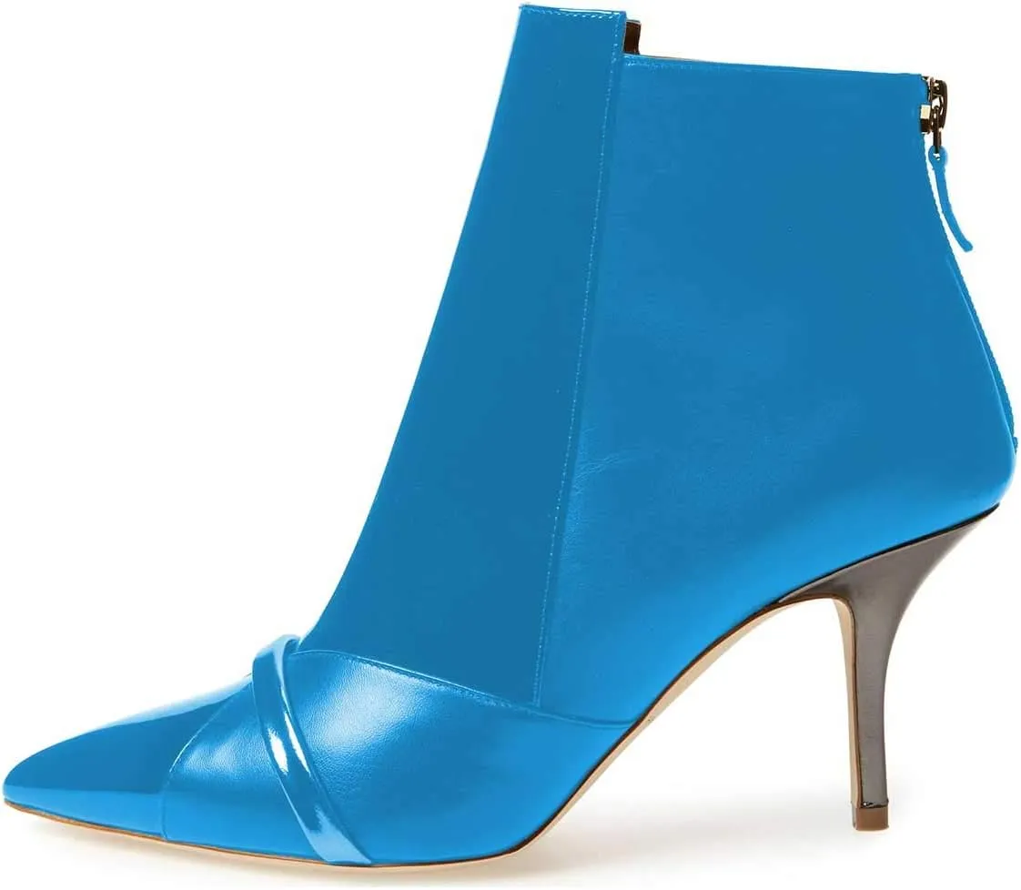 FSJ Women Glossy Mid Heel Ankle Boots Pointed Toe Bootie Chelsea Zipper Fall Fashion Winter Shoe Size 4-15 US