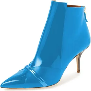 FSJ Women Glossy Mid Heel Ankle Boots Pointed Toe Bootie Chelsea Zipper Fall Fashion Winter Shoe Size 4-15 US
