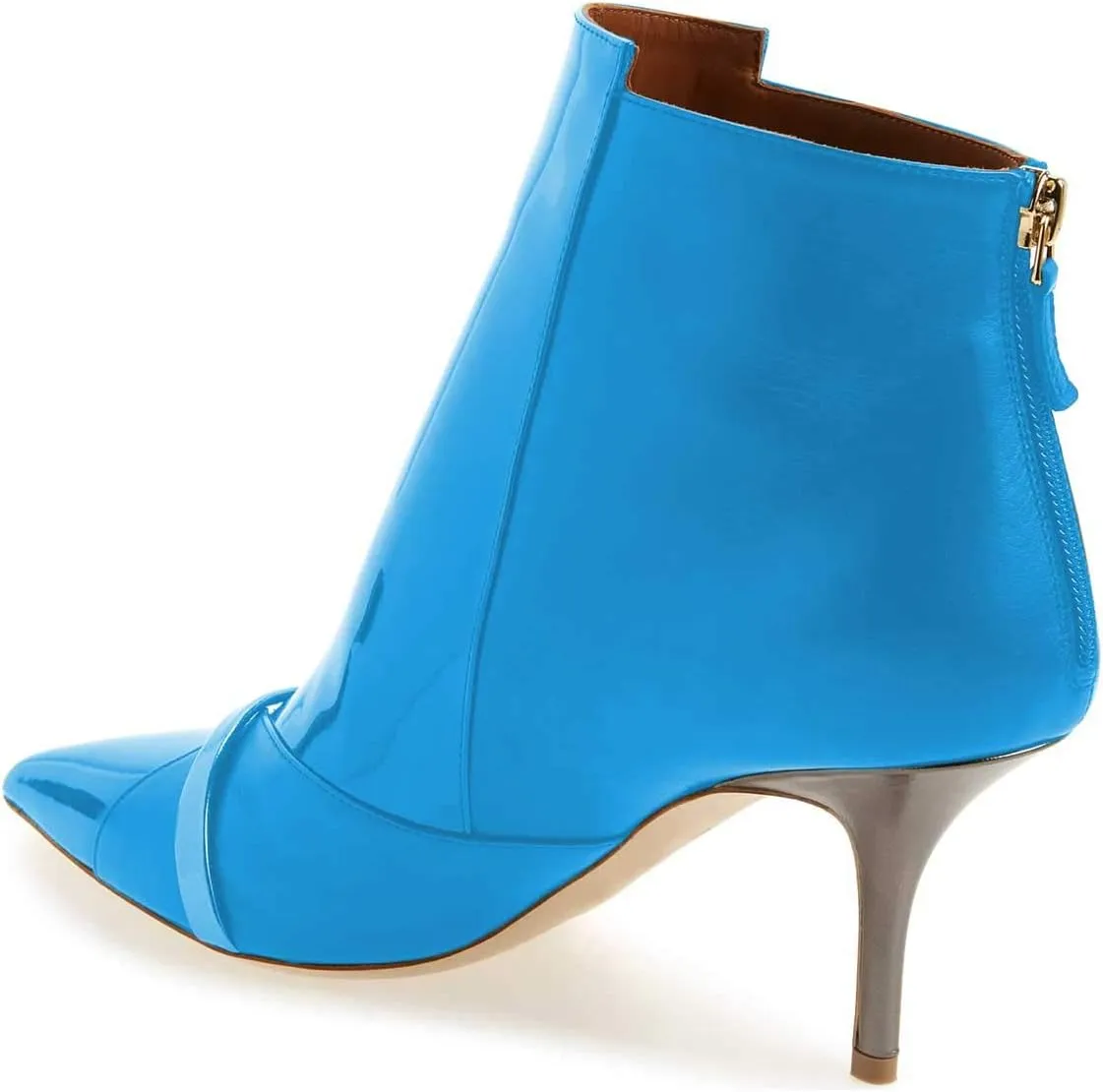 FSJ Women Glossy Mid Heel Ankle Boots Pointed Toe Bootie Chelsea Zipper Fall Fashion Winter Shoe Size 4-15 US