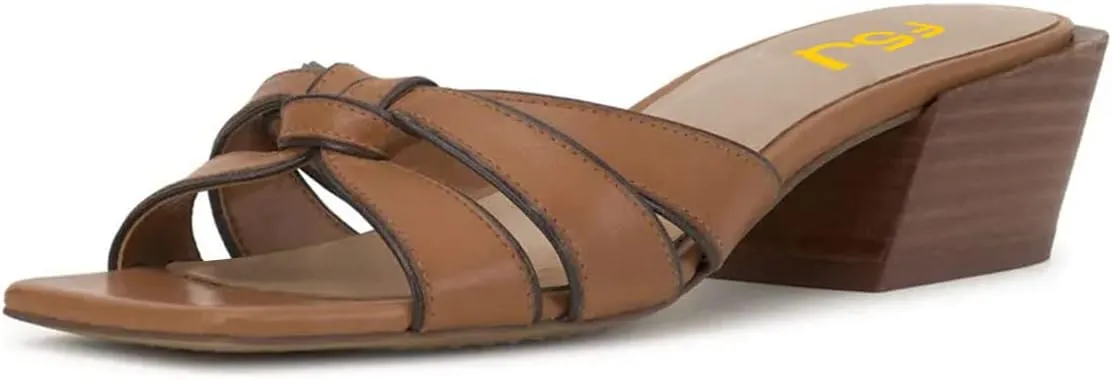 FSJ Women Open Toe Chunky Block Low Heel Mules Sandals Slip On Knot Dress Slipper Slides Comfortable Backless Dress Shoes Size 4-15 US