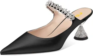 FSJ Women Rhinestone Cone Low Heel Mules Closed Pointed Toe One Strap Sandals Slip On Backless Bridal Summer Shoes Size 4-15 US