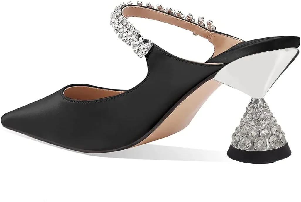FSJ Women Rhinestone Cone Low Heel Mules Closed Pointed Toe One Strap Sandals Slip On Backless Bridal Summer Shoes Size 4-15 US