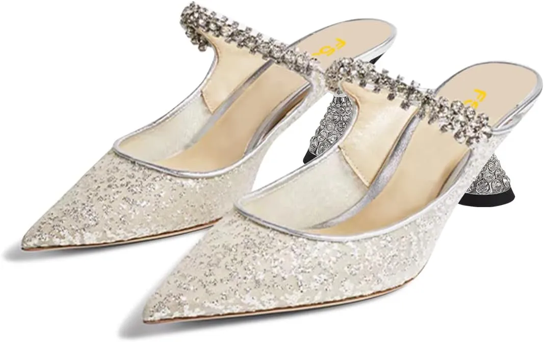 FSJ Women Rhinestone Cone Low Heel Mules Closed Pointed Toe One Strap Sandals Slip On Backless Bridal Summer Shoes Size 4-15 US