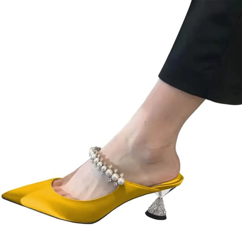 FSJ Women Rhinestone Cone Low Heel Mules Closed Pointed Toe One Strap Sandals Slip On Backless Bridal Summer Shoes Size 4-15 US