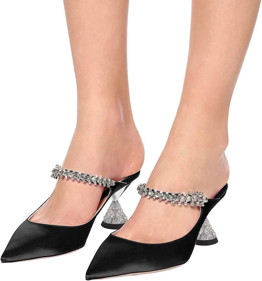 FSJ Women Rhinestone Cone Low Heel Mules Closed Pointed Toe One Strap Sandals Slip On Backless Bridal Summer Shoes Size 4-15 US