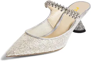 FSJ Women Rhinestone Cone Low Heel Mules Closed Pointed Toe One Strap Sandals Slip On Backless Bridal Summer Shoes Size 4-15 US