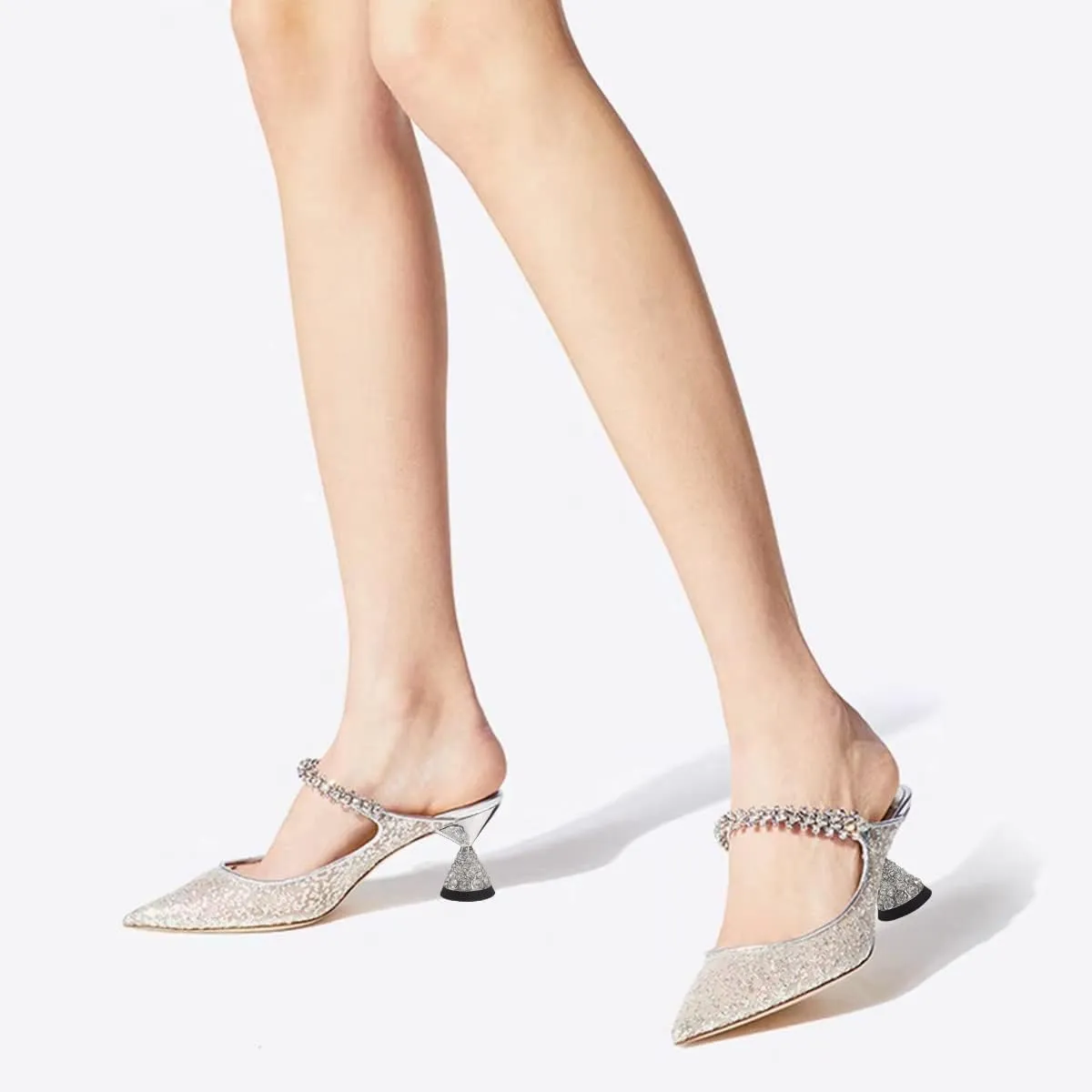 FSJ Women Rhinestone Cone Low Heel Mules Closed Pointed Toe One Strap Sandals Slip On Backless Bridal Summer Shoes Size 4-15 US