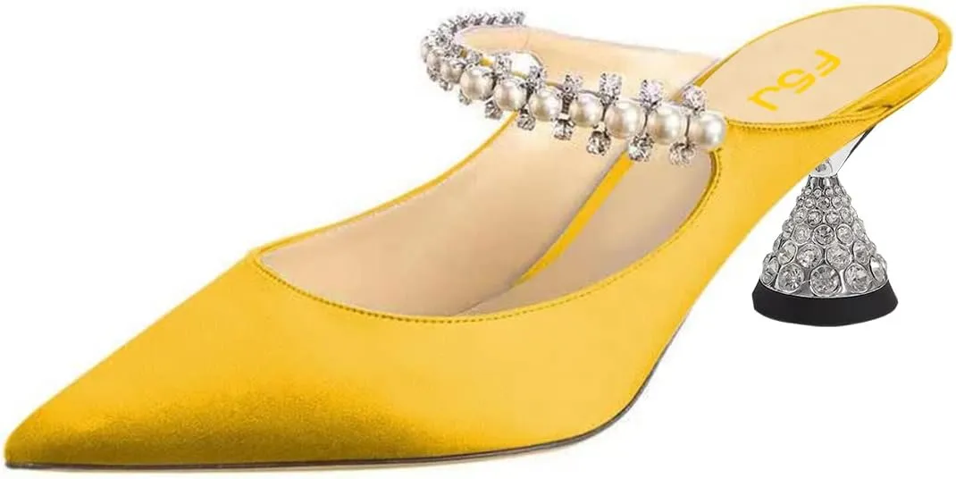 FSJ Women Rhinestone Cone Low Heel Mules Closed Pointed Toe One Strap Sandals Slip On Backless Bridal Summer Shoes Size 4-15 US
