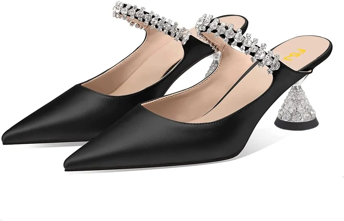 FSJ Women Rhinestone Cone Low Heel Mules Closed Pointed Toe One Strap Sandals Slip On Backless Bridal Summer Shoes Size 4-15 US