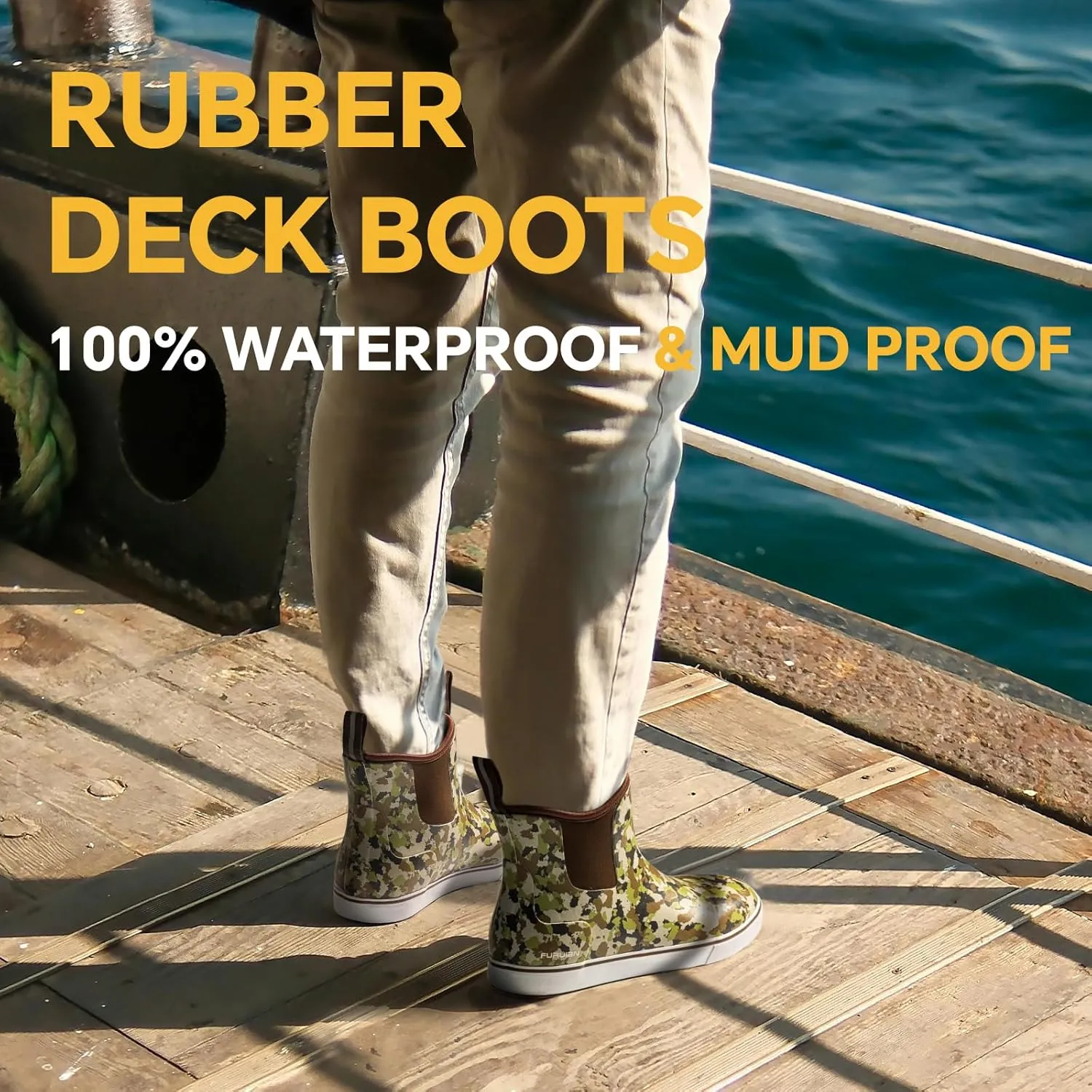 Furuian Men's Deck Boots Fishing Boots Waterproof Rain Boots Ankle Booties Slip On Neoprene Rubber Footwear Chelsea Boots Men botas para hombre for Gardening Fishing Boating Camping Sailing