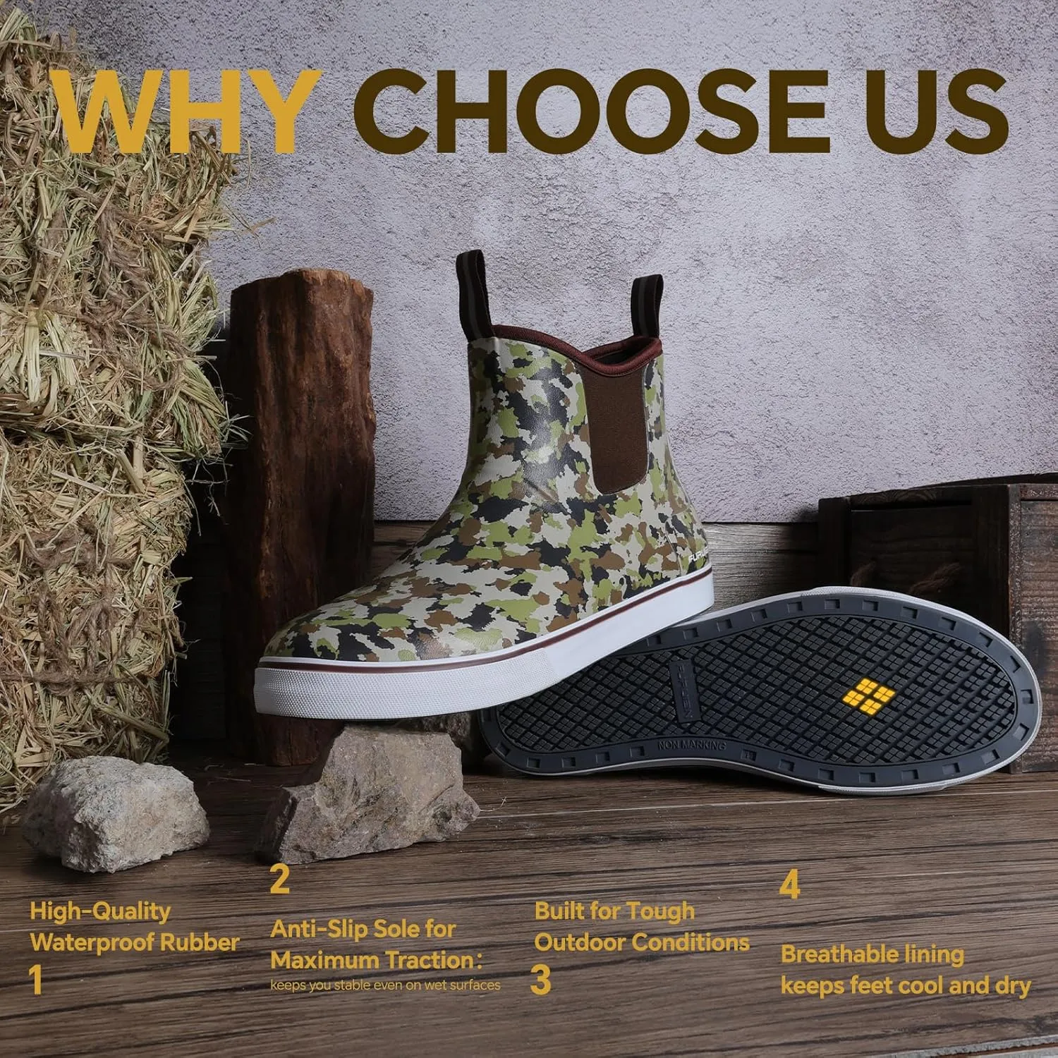 Furuian Men's Deck Boots Fishing Boots Waterproof Rain Boots Ankle Booties Slip On Neoprene Rubber Footwear Chelsea Boots Men botas para hombre for Gardening Fishing Boating Camping Sailing