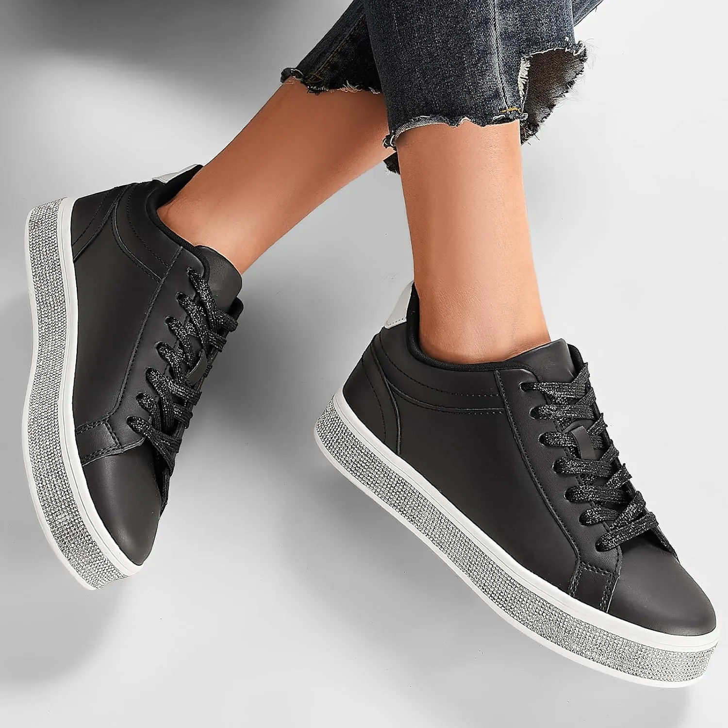 GOSERCE Women's Fashion Sneakers with Sparkly Glitter Rhinestone Sneakers Platform Tennis Shoes Trendy Cute Comfortable Casual Dressy Wedding Bridal Walking Concert Fall