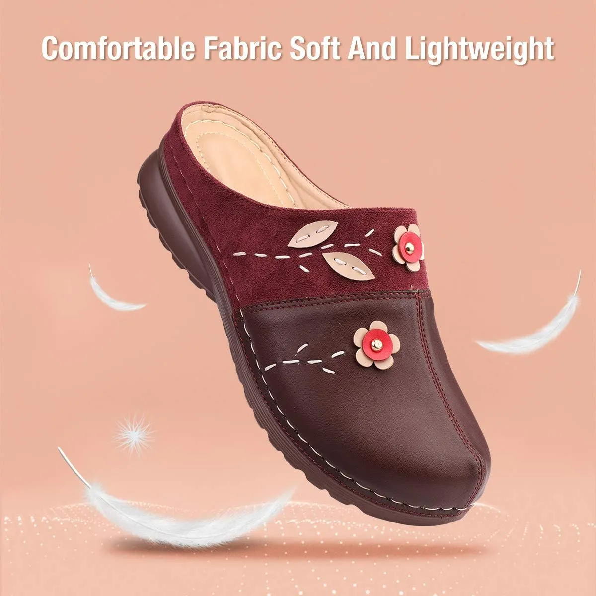 gracosy Clogs Shoes for Women, Summer Leather Slippers Comfort Work Clogs Slip on Loafers Wide Fit Mules Antil Slip Beach Shoes Flowers Wedge Sandals
