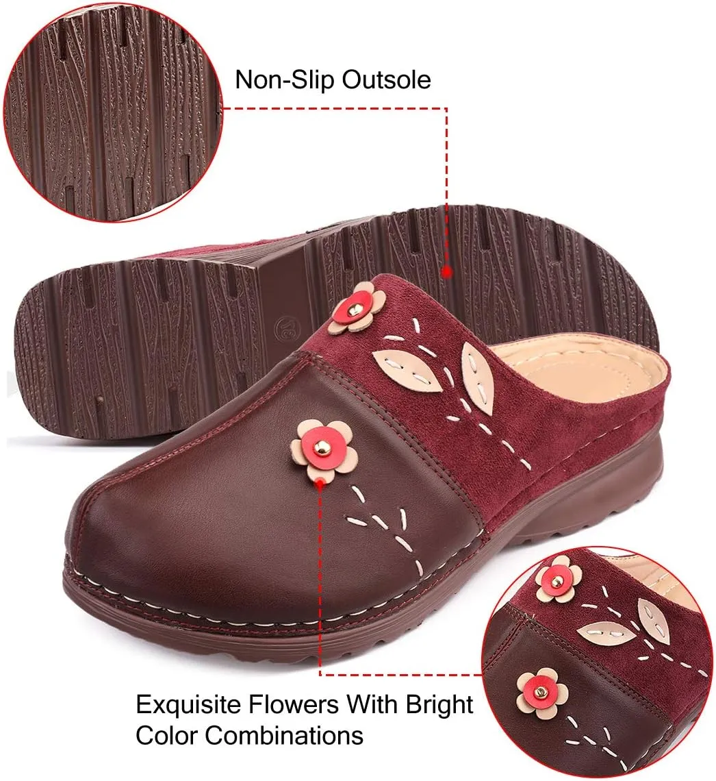 gracosy Clogs Shoes for Women, Summer Leather Slippers Comfort Work Clogs Slip on Loafers Wide Fit Mules Antil Slip Beach Shoes Flowers Wedge Sandals
