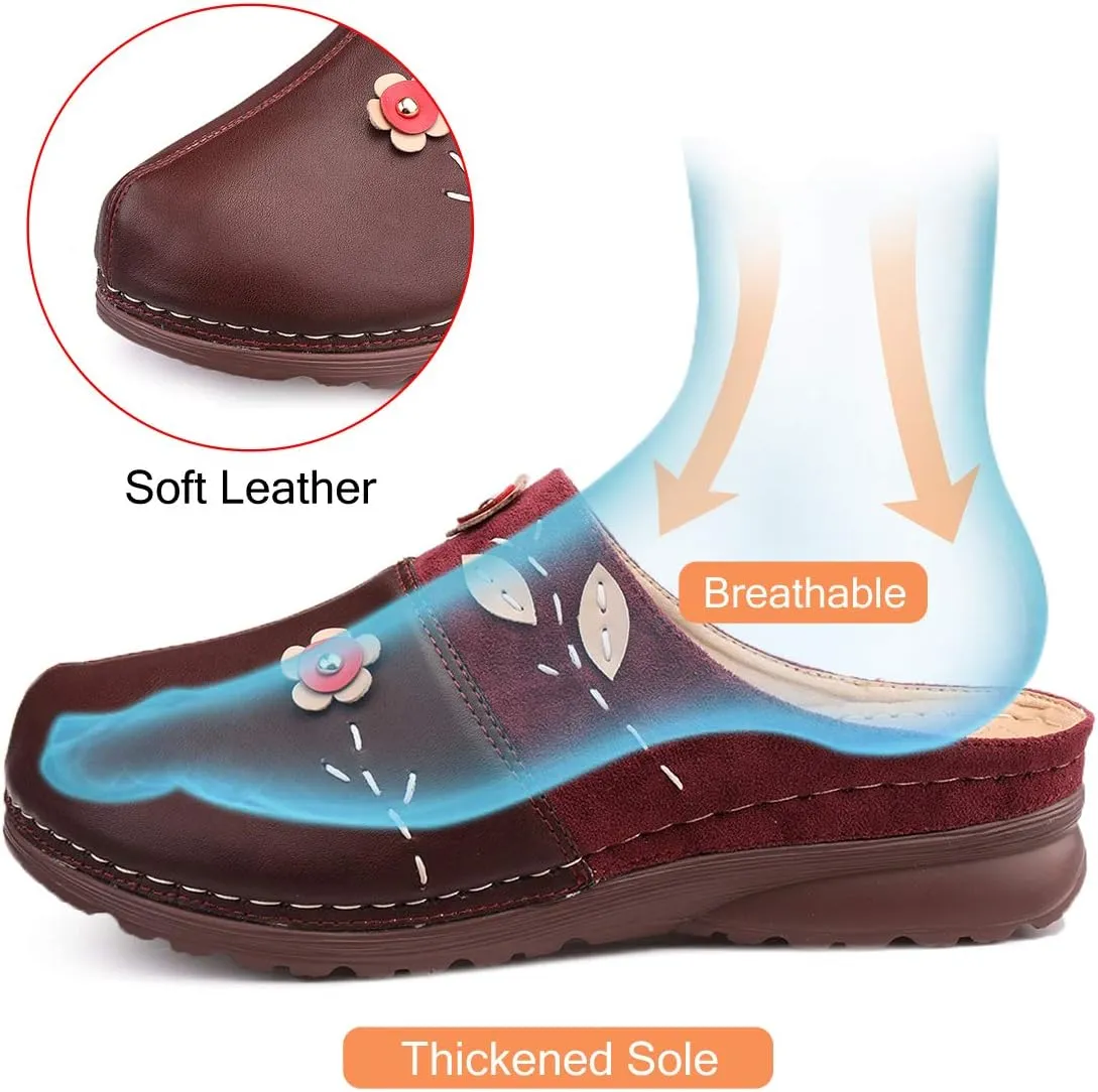gracosy Clogs Shoes for Women, Summer Leather Slippers Comfort Work Clogs Slip on Loafers Wide Fit Mules Antil Slip Beach Shoes Flowers Wedge Sandals