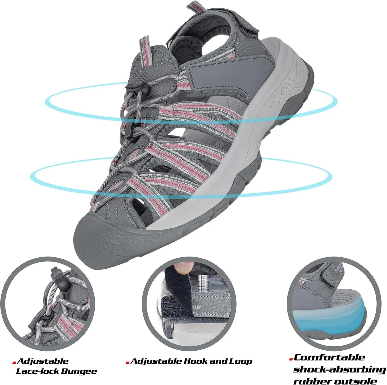 GRITION Hiking Sandals Women Closed Toe, Waterproof Lightweight Adjustable Hiking Athletic Sandals, Breathable For Beach Summer Adventure Comfortable Outdoor Sport