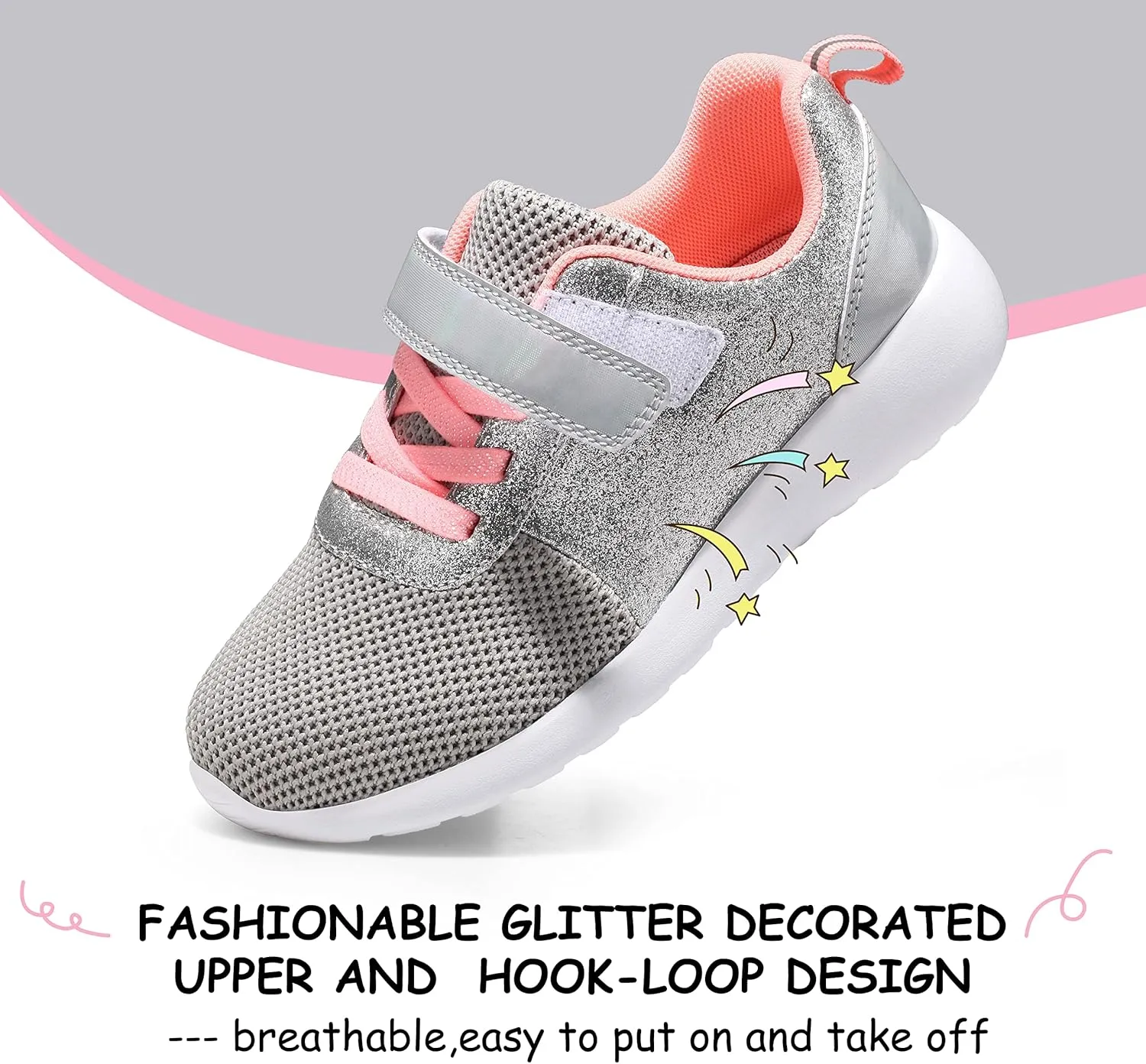 Harvest Land Toddler Glitter Tennis Shoes Slip On Boys Girls Sneakers Casual Running Shoes Woven Breathable with Soft Soled Sports Hook-Loop Outdoor Shoes