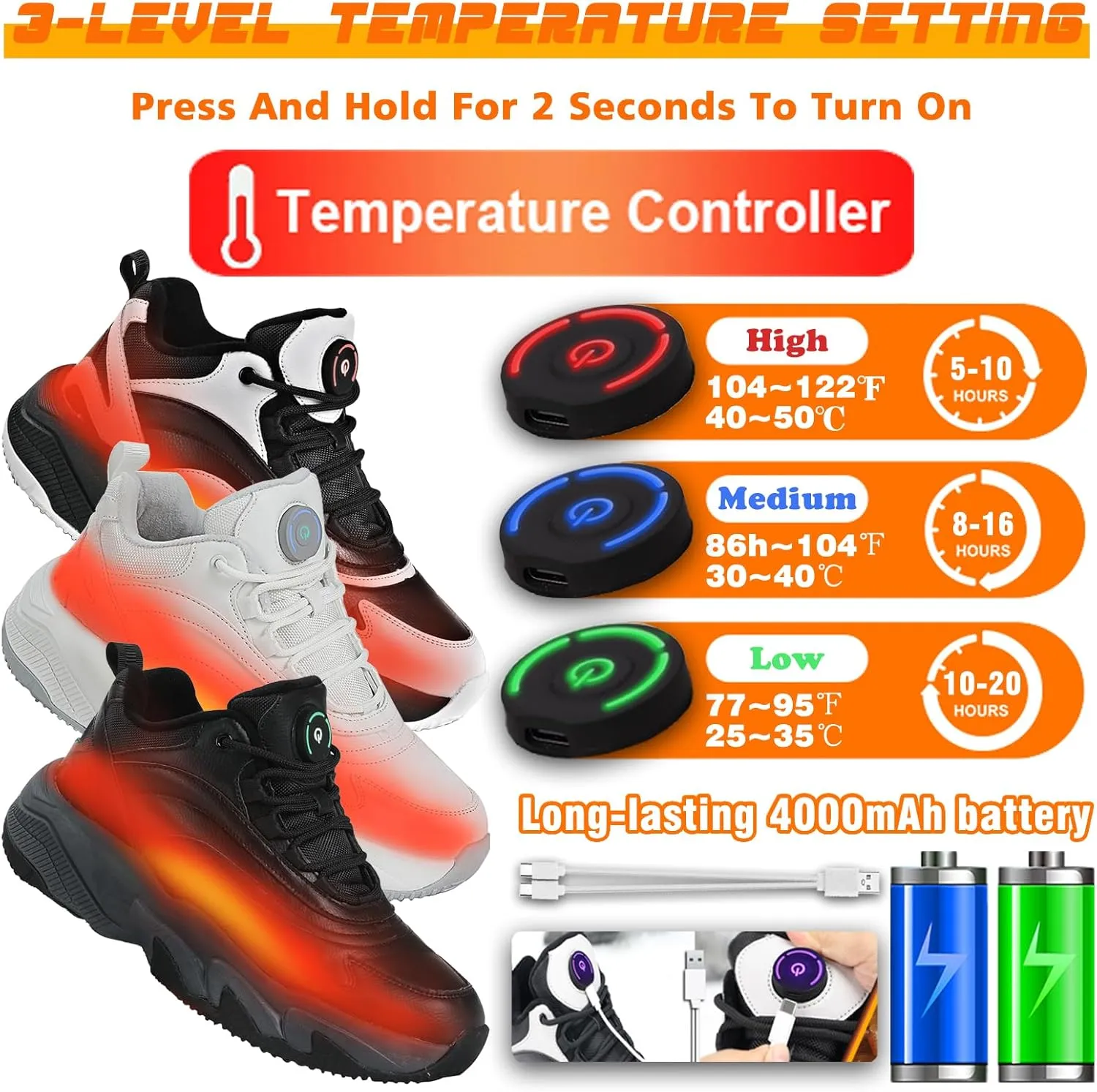 Heated Snow Sneakers for Men and Women, Electric Heating Shoes with Soft Warm Lining, Winter Sports Running Anti-Slip Comfortable Foot Warmer Shoes for Indoor/Outdoor