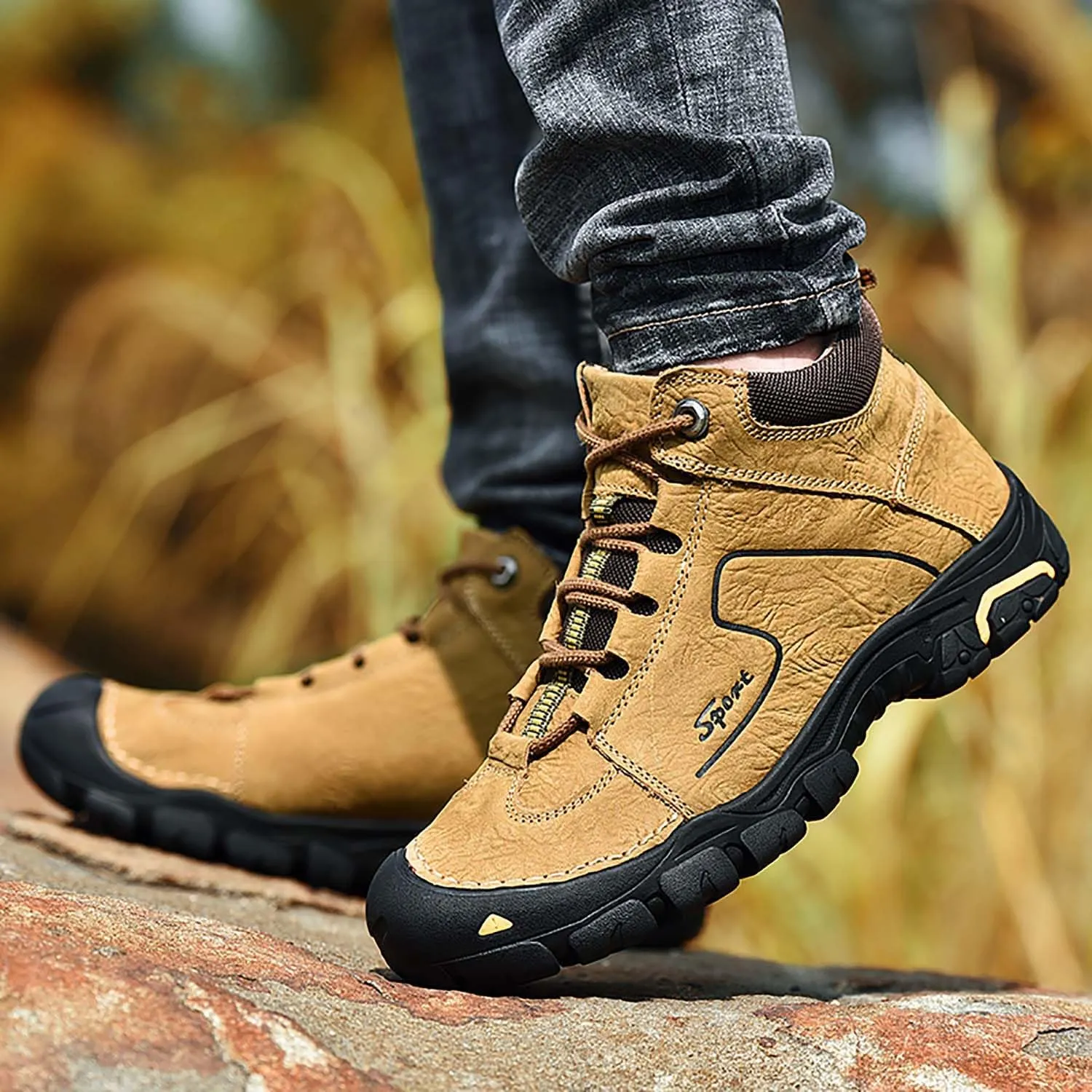 HESBITEUL Unisex Hiking Leather Boots Non-Slip Breathable Chukka with Fur Lining
