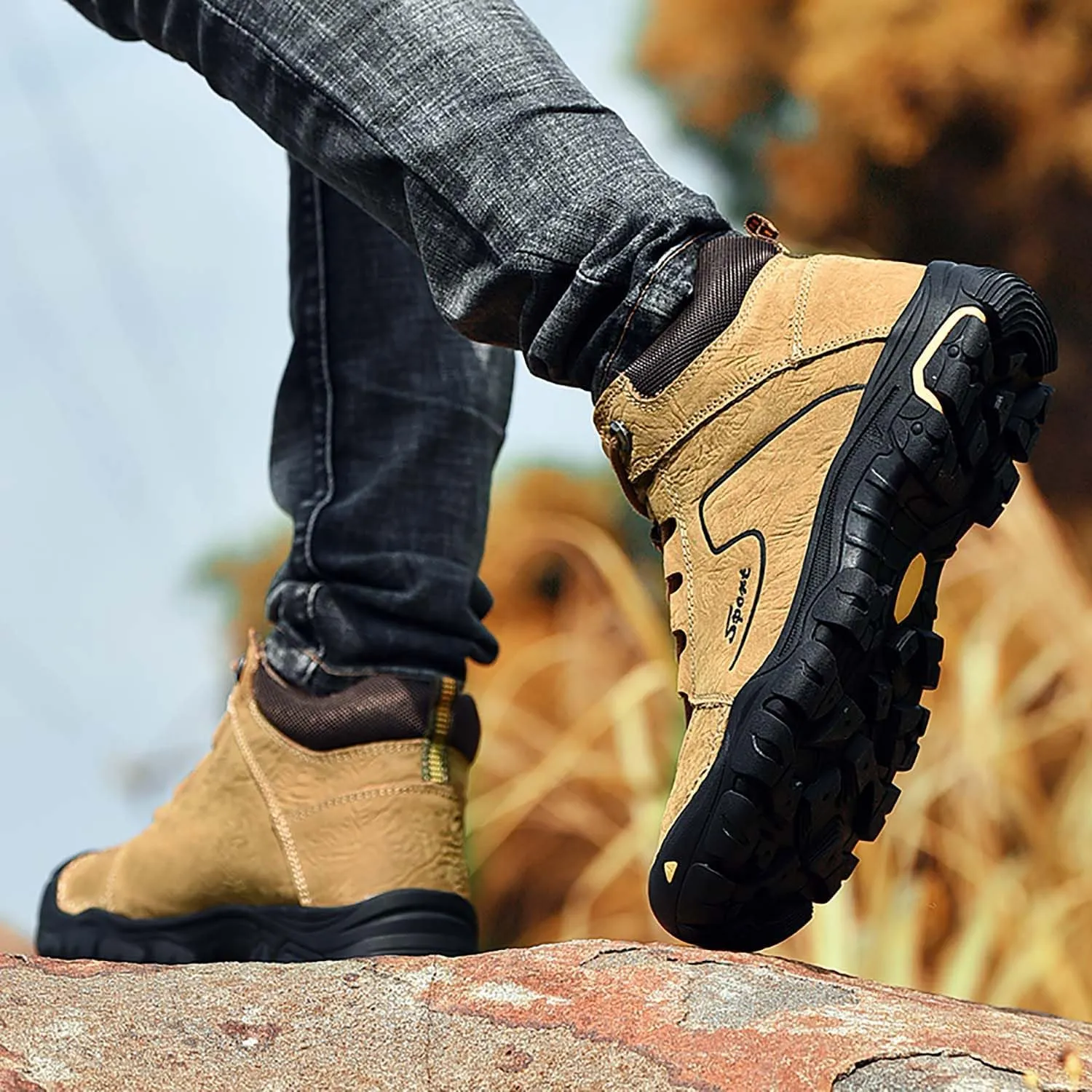 HESBITEUL Unisex Hiking Leather Boots Non-Slip Breathable Chukka with Fur Lining